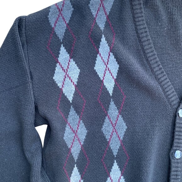 Vintage Van Heusen Mens Argyle Cardigan Sz L Black Button Academia Grandpa - Picture 4 of 11